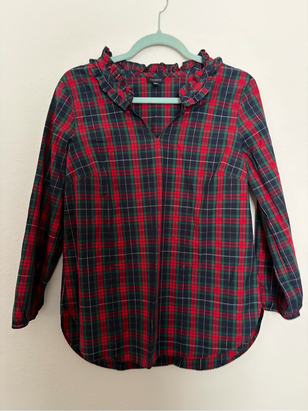 Talbots Red and Green Plaid Ruffle Collar Long-Sleeve Top